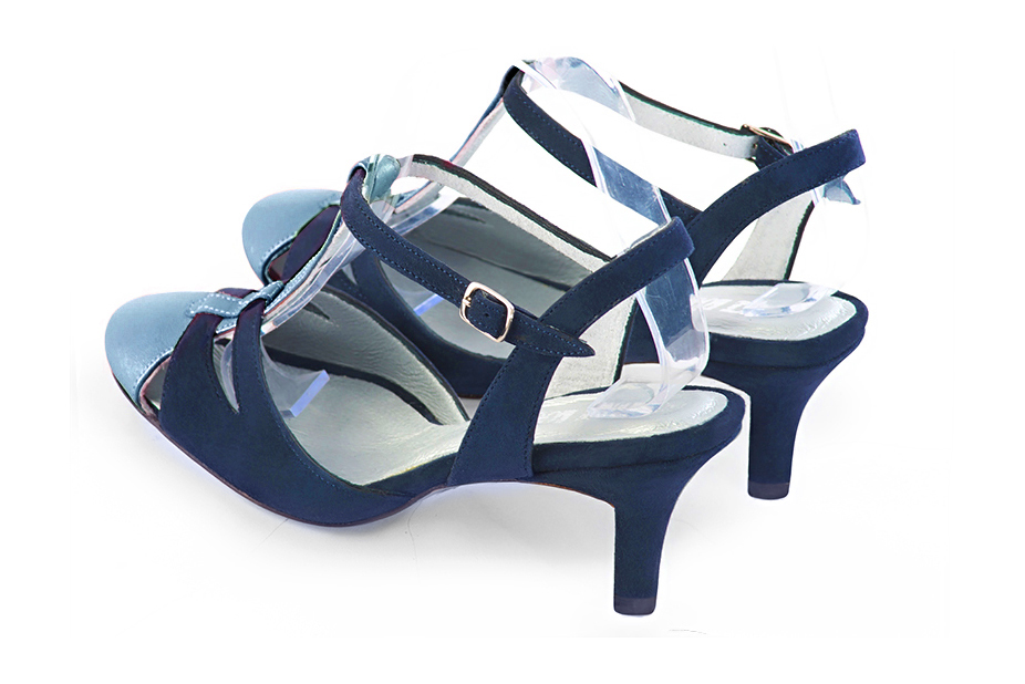 Peacock blue women's open back T-strap shoes. Round toe. Medium slim heel. Rear view - Florence KOOIJMAN